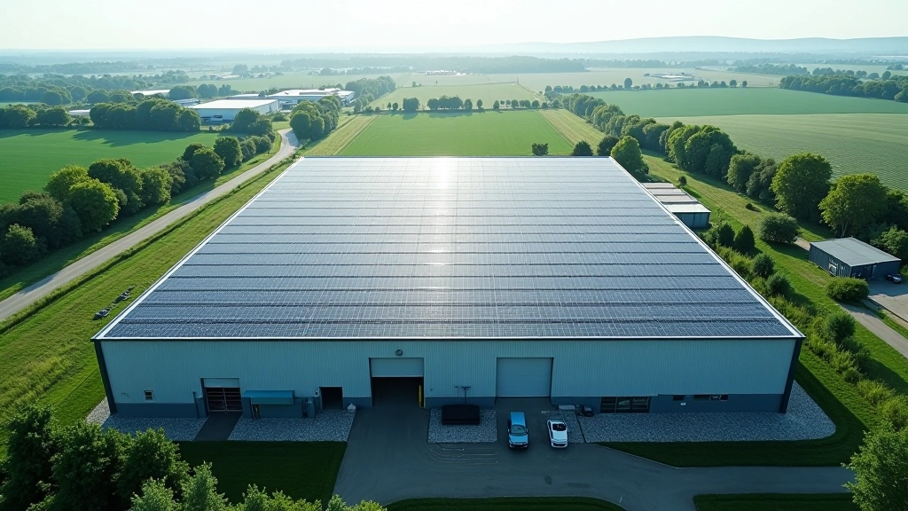 Luftaufnahme einer modernen Batterie-Fabrik in Baden-Württemberg mit grünen Energieanlagen