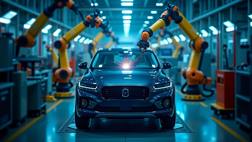 Automobilproduktionslinie mit modernen Robotern beim Zusammenbau von Elektrofahrzeugen in einer modernen Fabrik