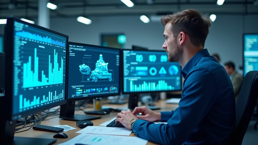 Datenanalytik-Arbeitsplatz mit Automobilindustrie-Fokus, Bildschirme mit Daten und Analysen, Forschungsmaterial