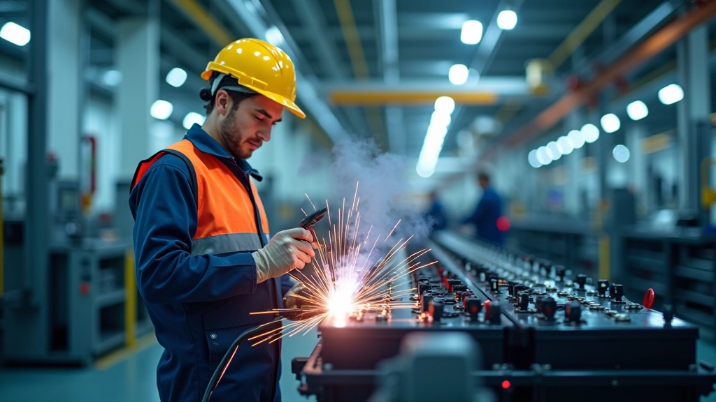 Elektrofahrzeug-Produktion mit modernen Robotern und Batteriemontage in einer Fabrik
