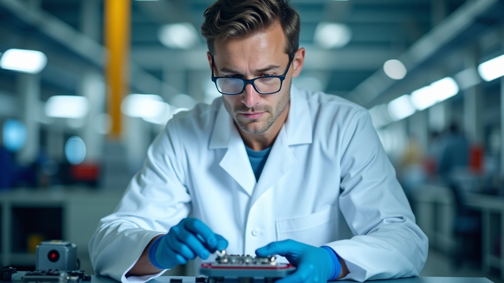 Ingenieur in Laborkittel arbeitet an modernem Batteriesystem und Elektronikkomponenten