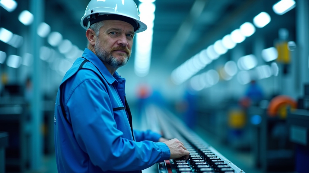 Arbeiter in Fabrik überprüft Batteriekomponenten in modernem Produktionswerk