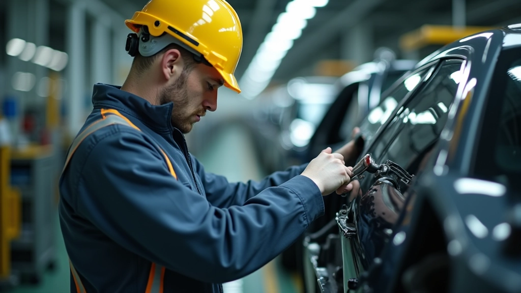 Arbeiter in Automobilfabrik Baden-Württemberg bei Montagearbeiten