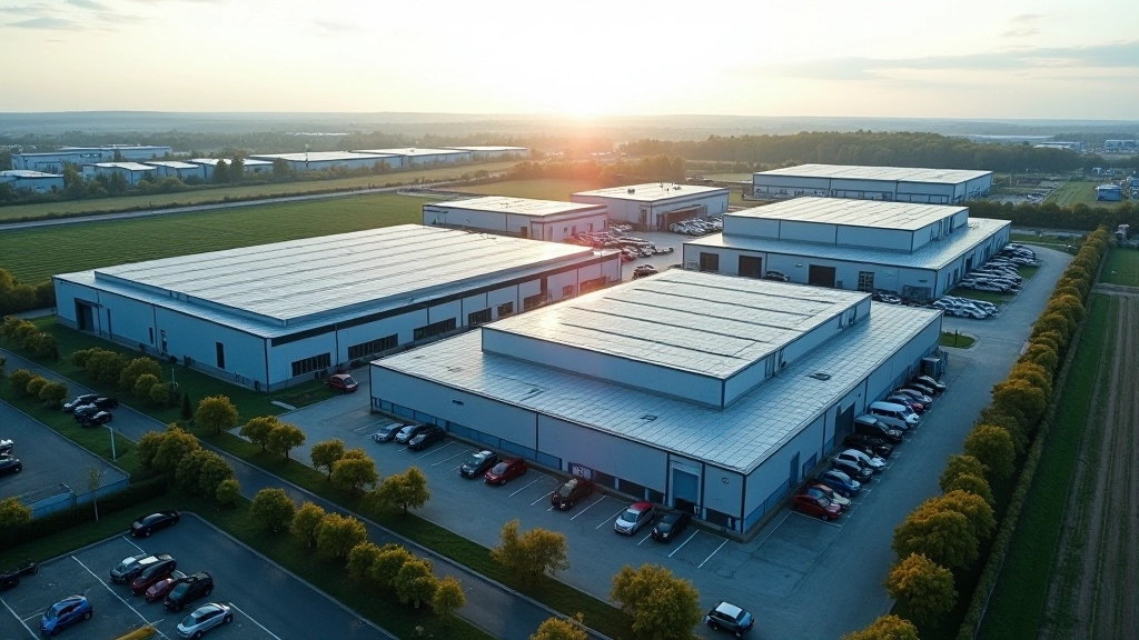 Fabrikgelände mit modernen Gebäuden und Solarpanelen für nachhaltige Energieversorgung in einer Elektrofahrzeug-Produktionsstätte