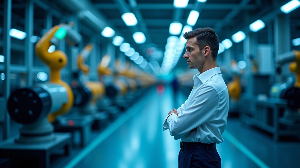 Roboter in moderner Elektrofahrzeug-Fertigungshalle mit blauen LED-Lichtern