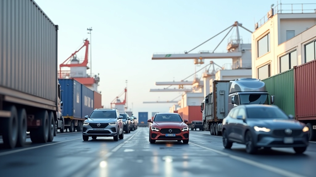 Moderne Automobilfabrik mit Robotik, Logistik und globalem Schiffsexport