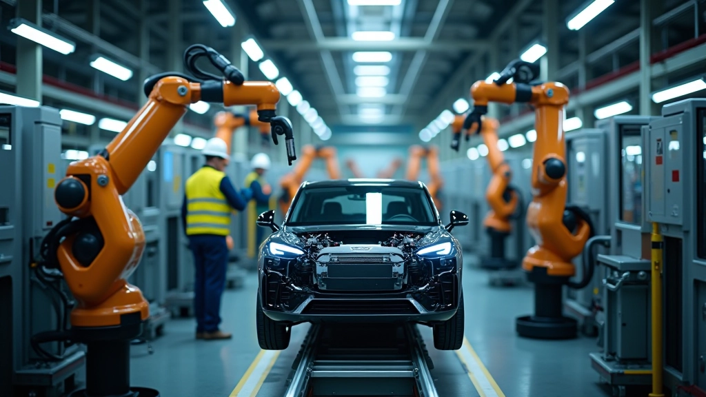 Elektrofahrzeug Produktionslinie mit modernen Robotern in Automobilfabrik