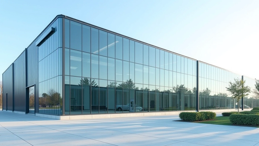 Moderne Fabrik mit Glasfassade und zeitgenössischer Architektur, symbolisierend für Industrie 4.0 und Zukunftstechnologien