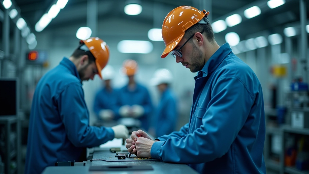 Arbeiter in moderner Elektrofahrzeugfabrik, Montagelinien mit neuer Technologie, Fachkräfte bei der Arbeit