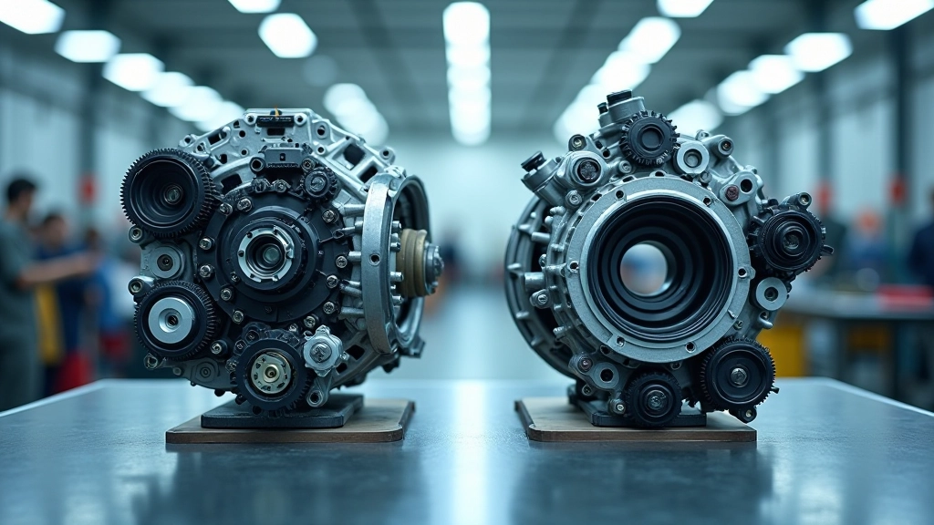 Zwei verschiedene Motortypen nebeneinander: komplexer Verbrennungsmotor und schlanke Batterieeinheit