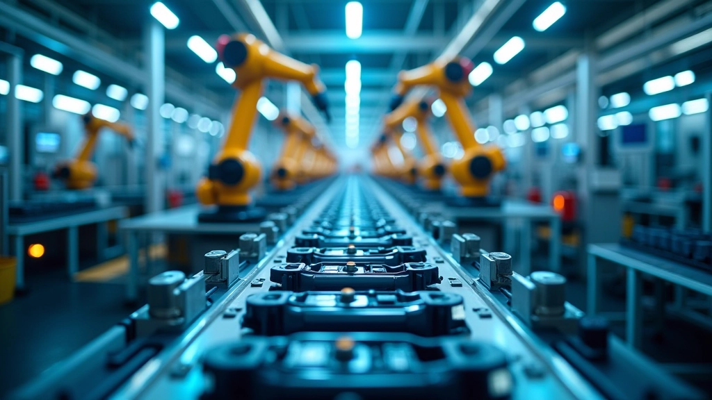 Moderne Fabrik mit Robotern und automatisierter Fertigung von Batteriekomponenten
